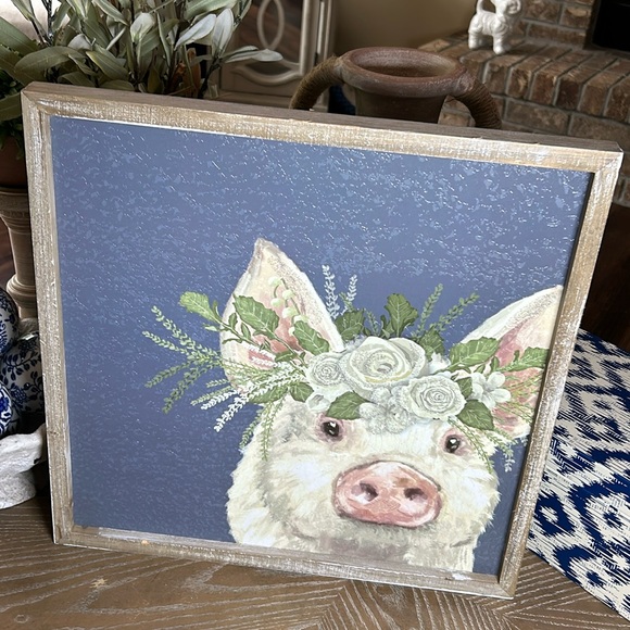 NEW! Cottage Farmhouse Rustic Wood Frame Farm Pig Glitter Floral Rose Crown Art - Picture 2 of 9